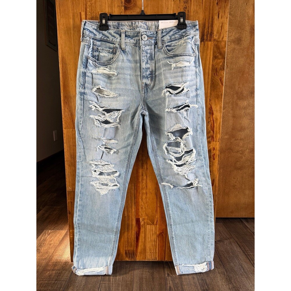American Eagle Tomgirl Button Fly Jean Sz. 6 Long NWT Indigo Skylight Destroy